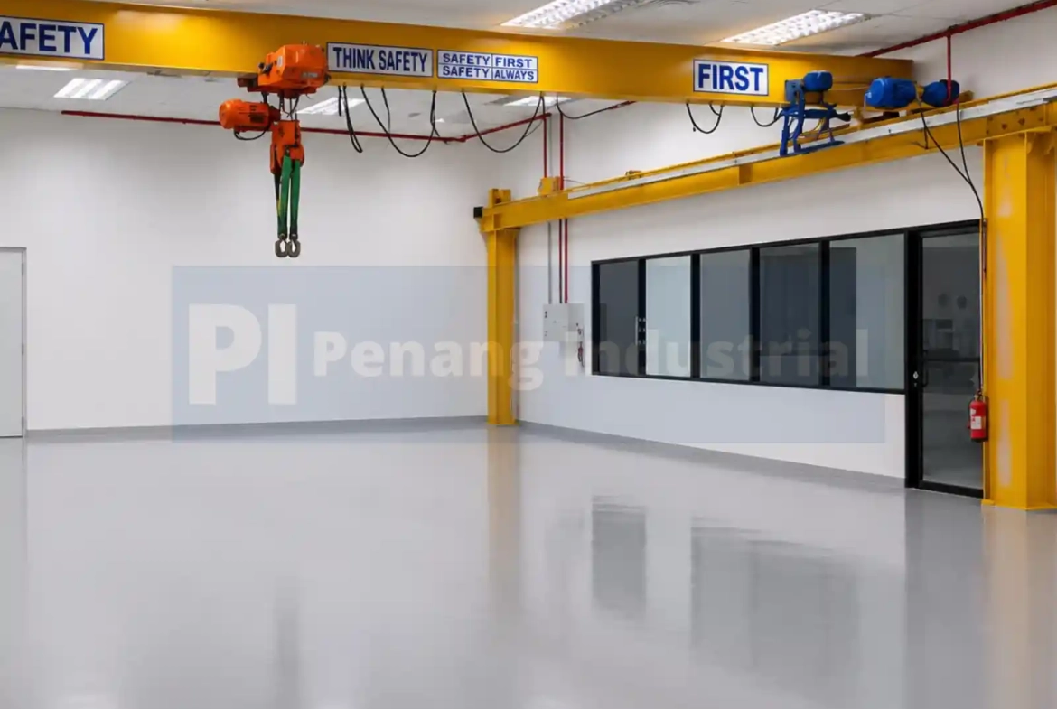 Interior production area of a factory for sale in Bayan Lepas featuring a heavy-duty yellow overhead crane, grey epoxy flooring, and a glass-partitioned office space.