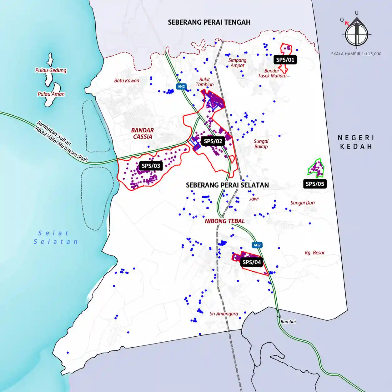 Map of Seberang Perai Selatan showing major industrial areas including Batu Kawan, Valdor, Tasek Industrial Estate, Bukit Panchor and Sungai Baong.