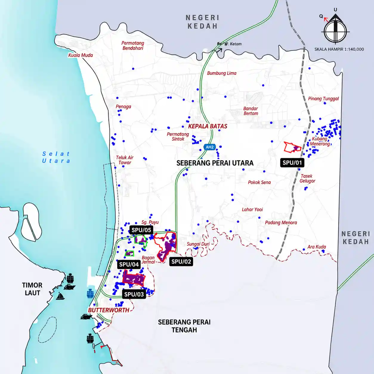 Map of Seberang Perai Utara showing major industrial areas including Mak Mandin, Sungai Lokan, Sungai Puyu, Teras Jaya and PERDA Food Park.