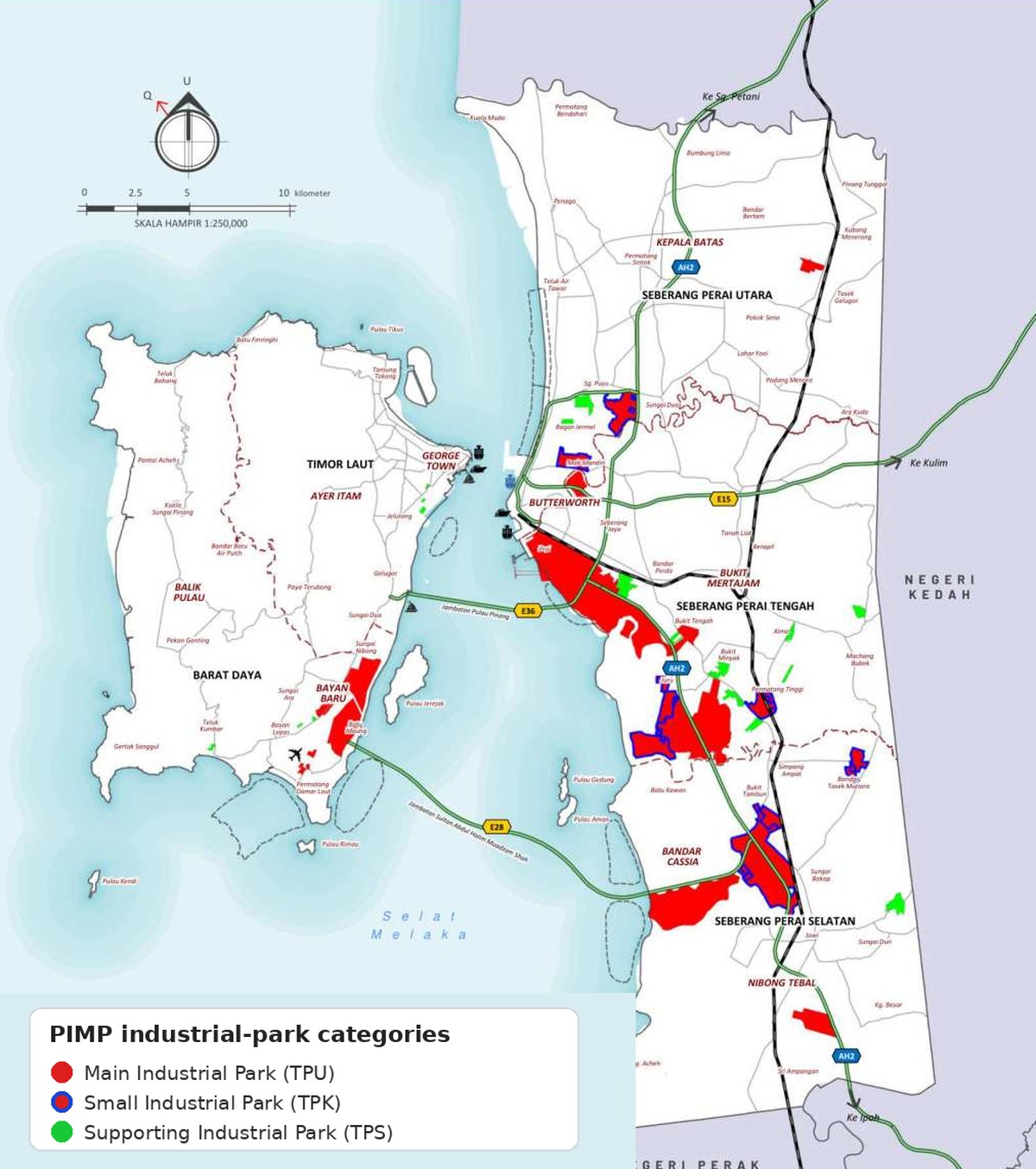Statewide map of Penang showing industrial parks across Penang Island and Seberang Perai, with major transport connections.